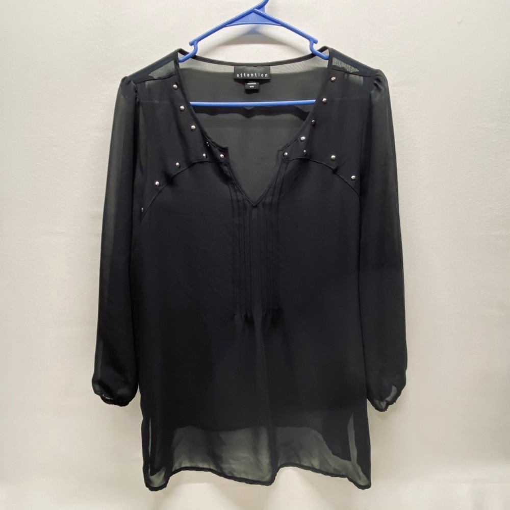 Attention Blouse Womens Medium Black Sheer V-Neck Studded 3/4 Sleeve Popover Top